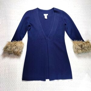 Soft Surroundings Long Cardigan fuax Fur Cuffs Women's Size XS Blue
